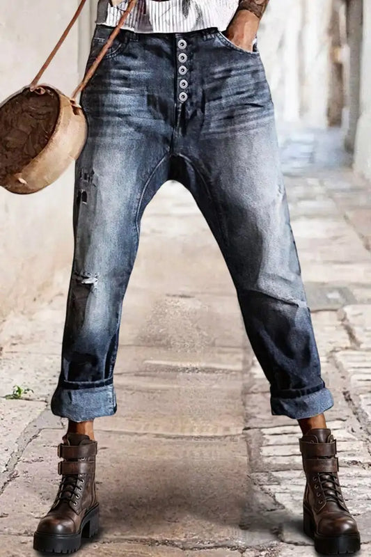 Flamingo Kurzgeschnittene Jeans Knopf Fliege Knöpfen Detail Hosentasche Gr. XL 005