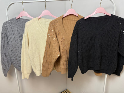 ✨ Eleganter Pullover mit V-Ausschnitt & funkelnden Pailletten – stylisch & feminin