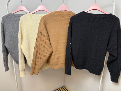 ✨ Eleganter Pullover mit V-Ausschnitt & funkelnden Pailletten – stylisch & feminin