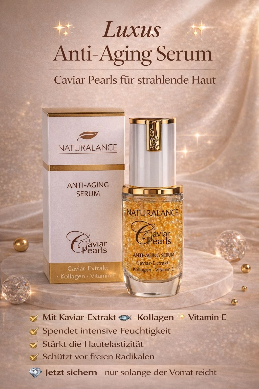 Das Naturalance Caviar-Pearls Serum mit den hochwertigen Wirkstoffen aus Kaviar-Extrakt, Vitamin E und Collagen ist ein luxuriöses Verwöhn-Erlebnis.
