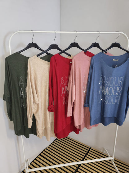 ✨ Oversized Butterstoff-Oberteil „AMOUR“ mit Glitzerstein – Made in Italy 🇮🇹